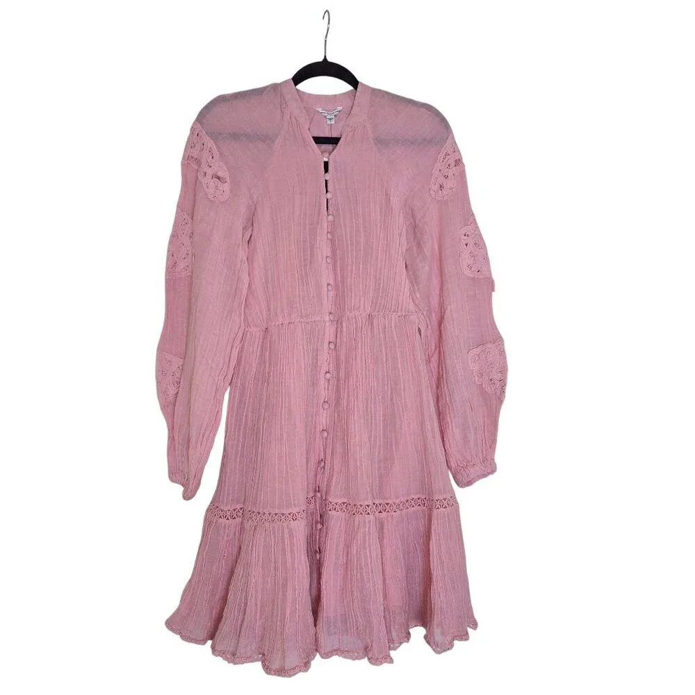 Guess Pink Lace Long Sleeve Button-Down Dress  arita dress without belt - Picture 5 of 16